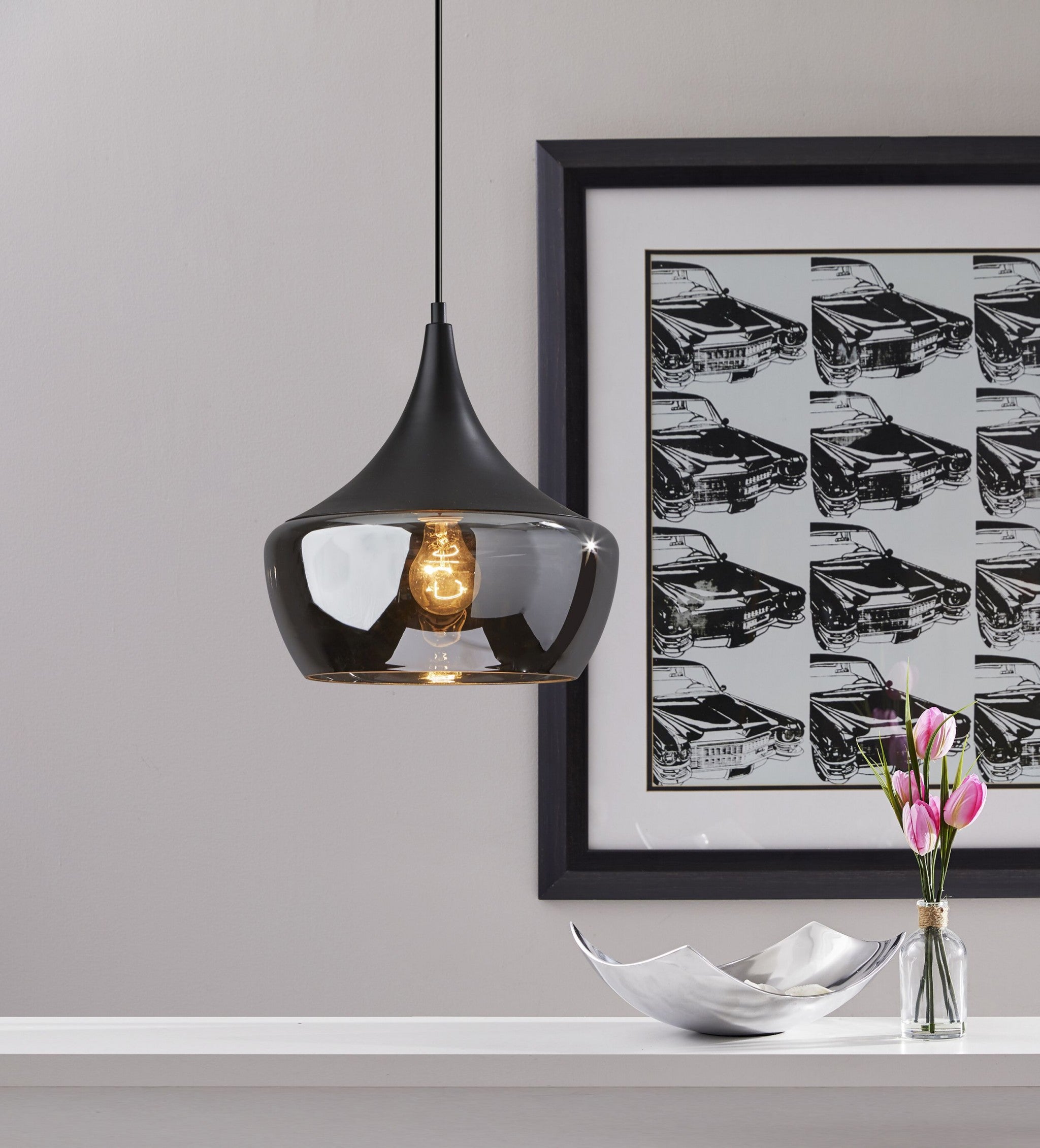 Gnome Smoked Glass Black Metal Pendant Lamp-Pendants-Hanging Lights-DECOROLALA