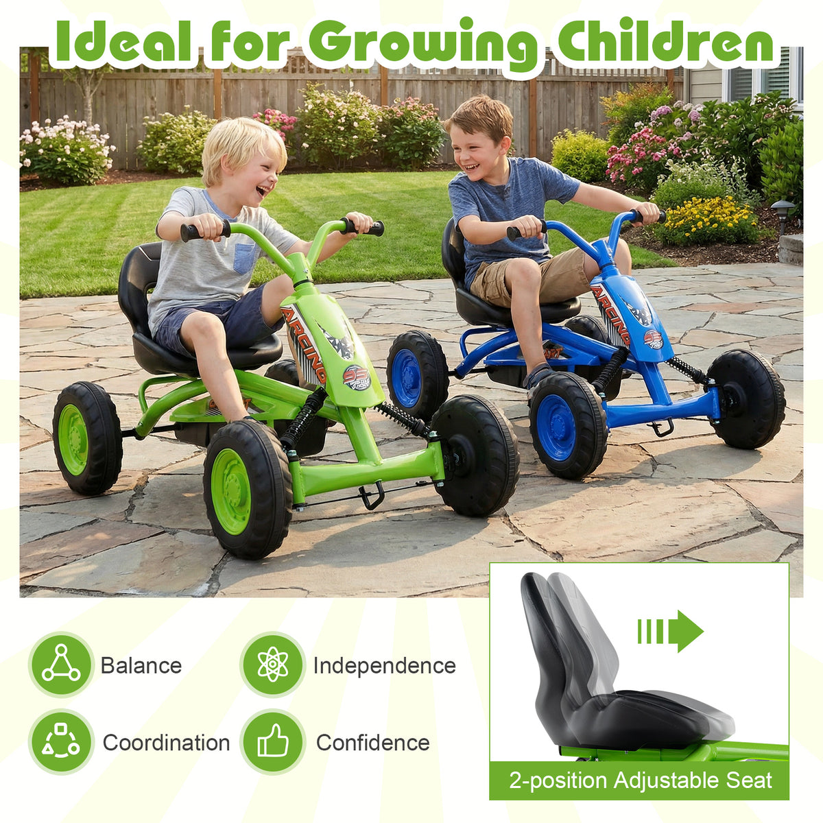 Go Kart for Kids 4 Wheel with Steering Handlebars and Adjustable Seat