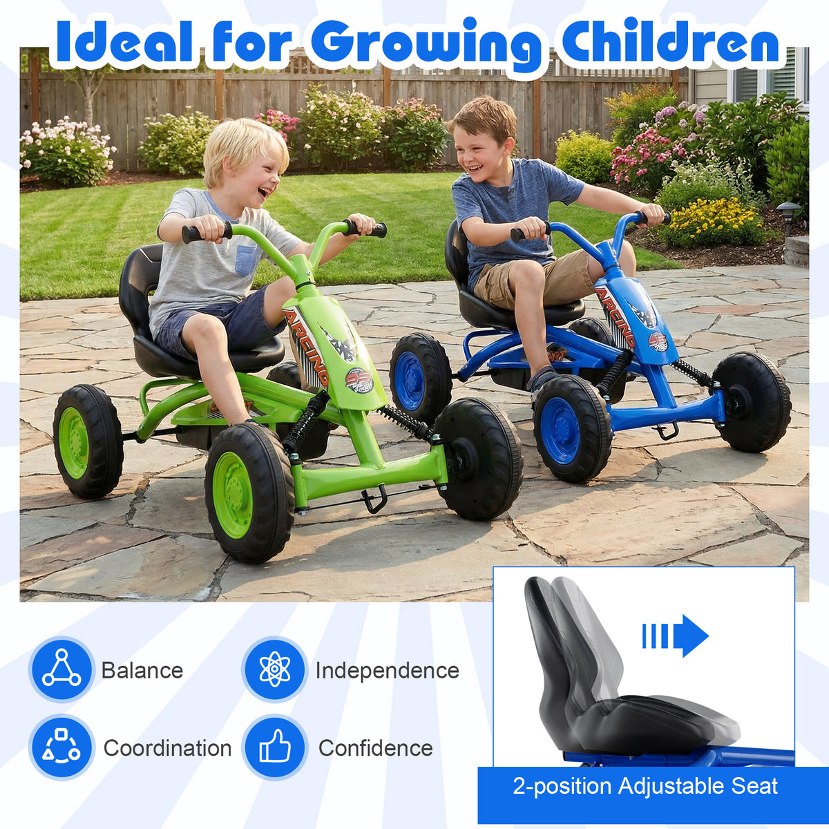 Go Kart for Kids 4 Wheel with Steering Handlebars and Adjustable Seat