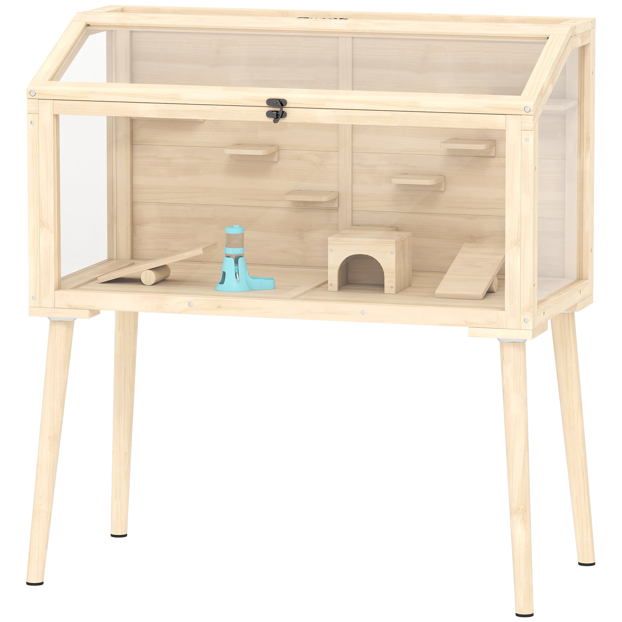 Wooden Hamster Cage, Hamster Habitat with Openable Top, Seesaws, Platforms, Water Bottle for Gerbils, 43.3"x20.5"x39.8"