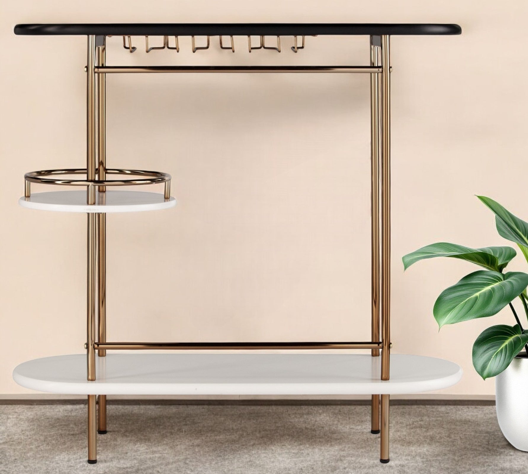 Gold Black and White Metal Oval Bar Cart With Wine Storage-Bar Carts and Servers-DECOROLALA