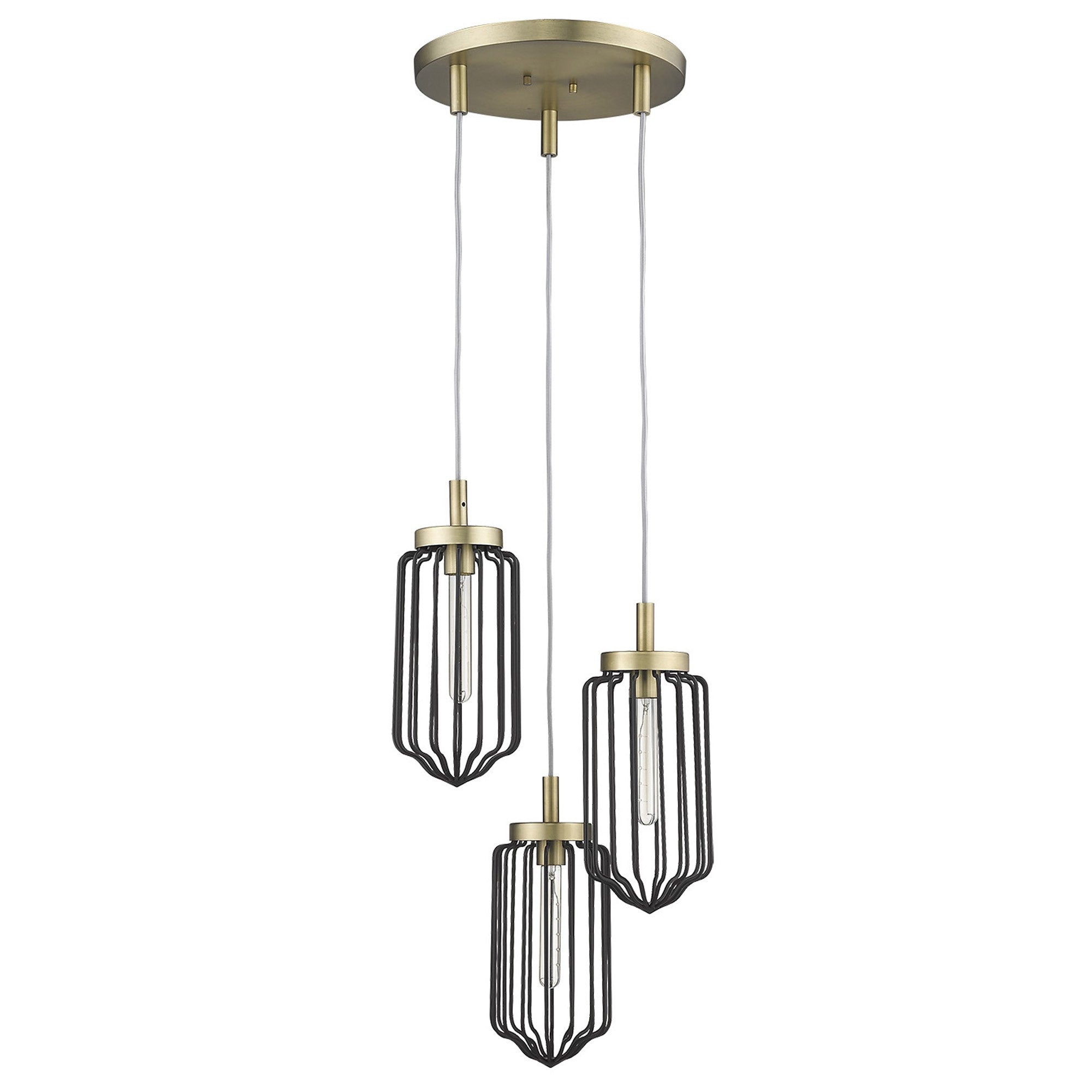 Gold Caged Three Light Metal Dimmable Chandelier With Black Shades-Chandeliers-DECOROLALA