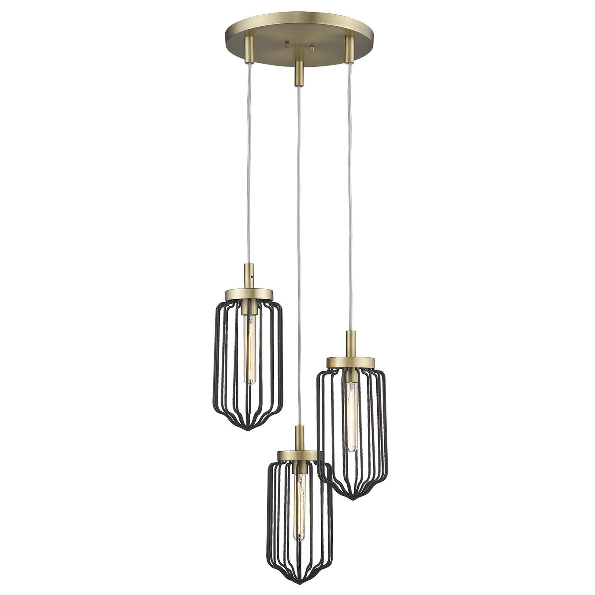Gold Caged Three Light Metal Dimmable Chandelier With Black Shades-Chandeliers-DECOROLALA