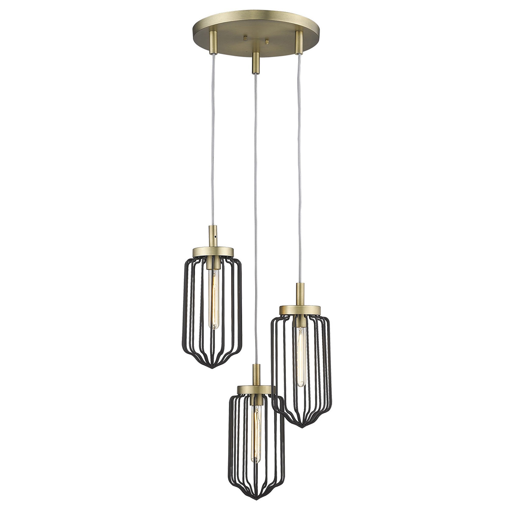 Gold Caged Three Light Metal Dimmable Chandelier With Black Shades-Chandeliers-DECOROLALA
