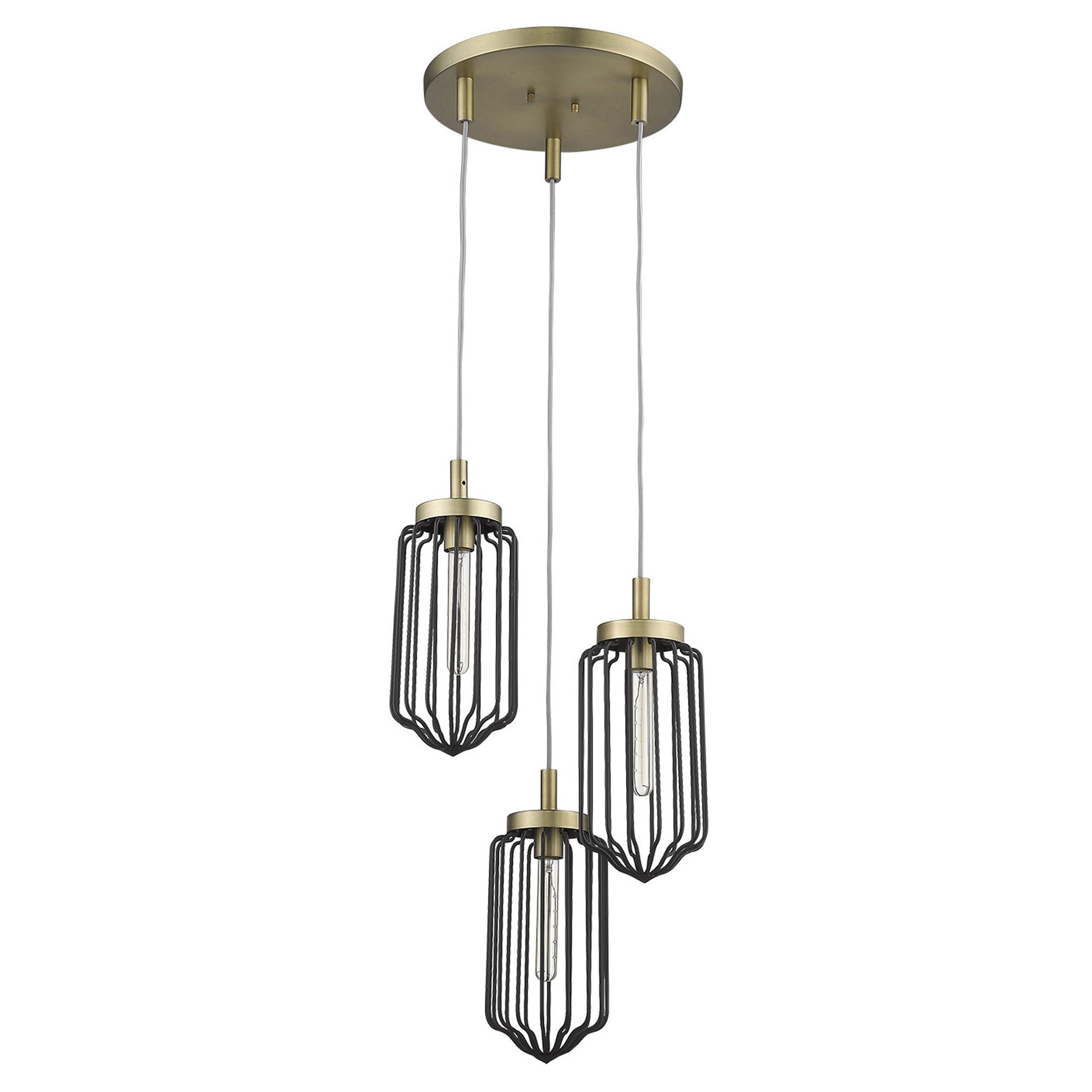 Gold Caged Three Light Metal Dimmable Chandelier With Black Shades-Chandeliers-DECOROLALA