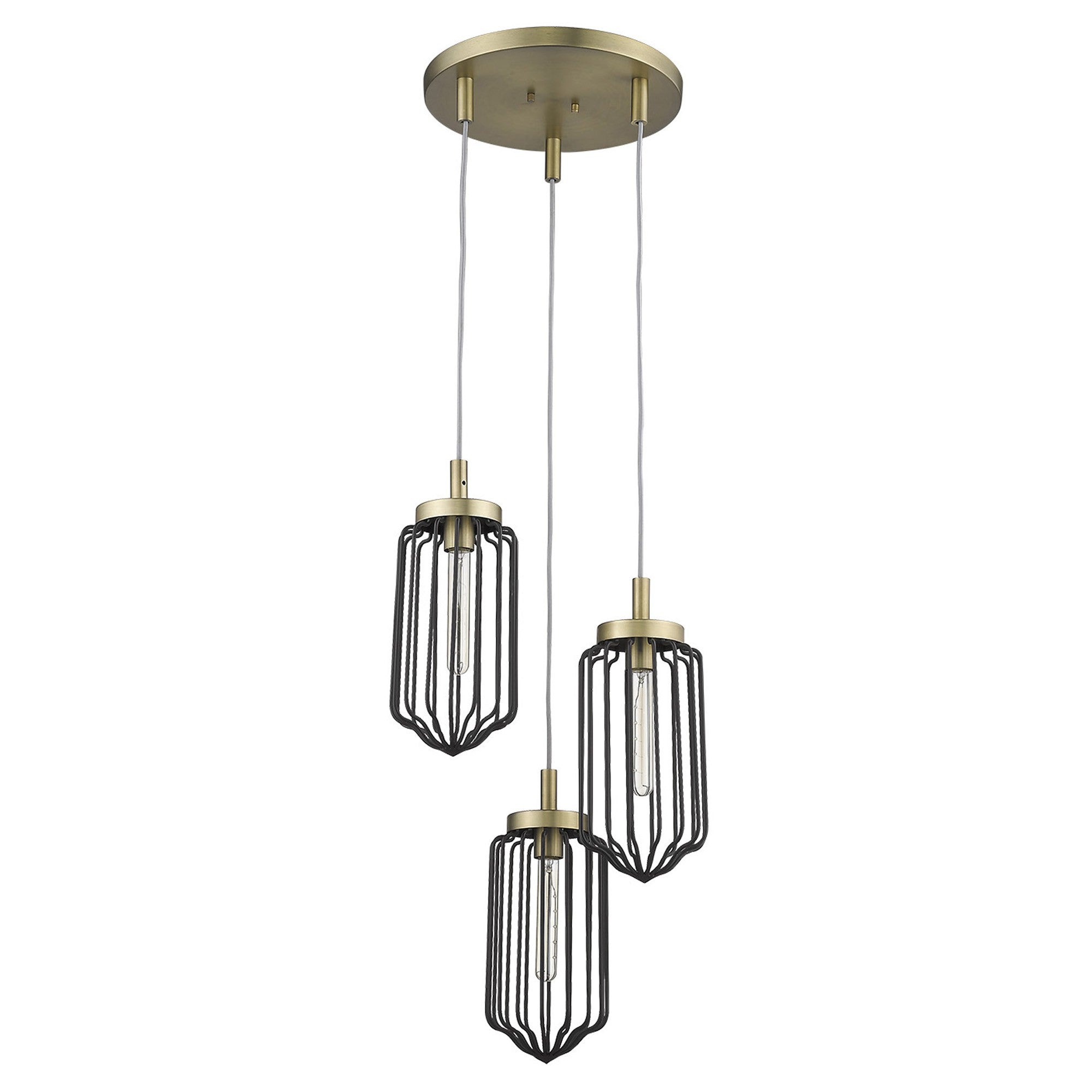 Gold Caged Three Light Metal Dimmable Chandelier With Black Shades-Chandeliers-DECOROLALA