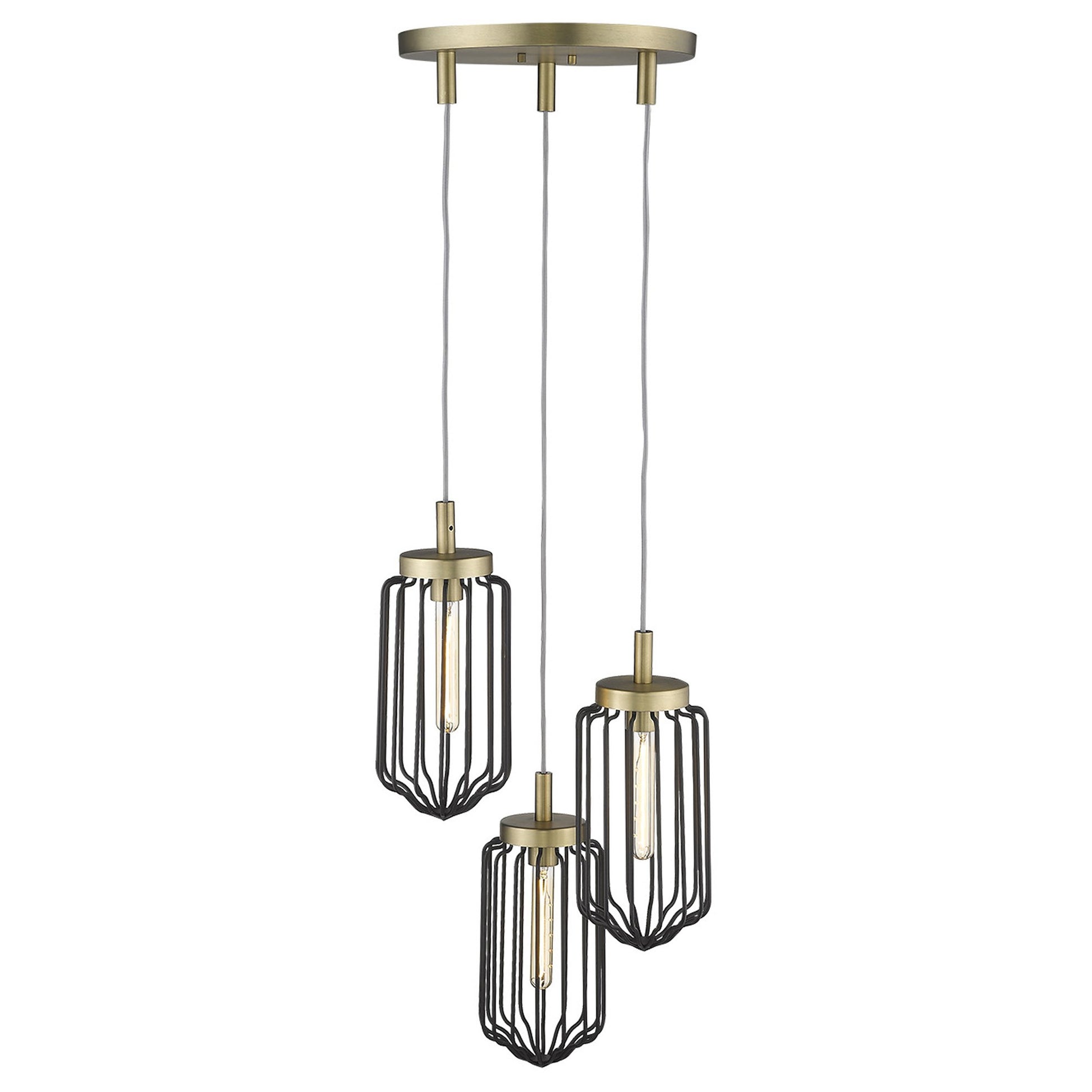 Gold Caged Three Light Metal Dimmable Chandelier With Black Shades-Chandeliers-DECOROLALA