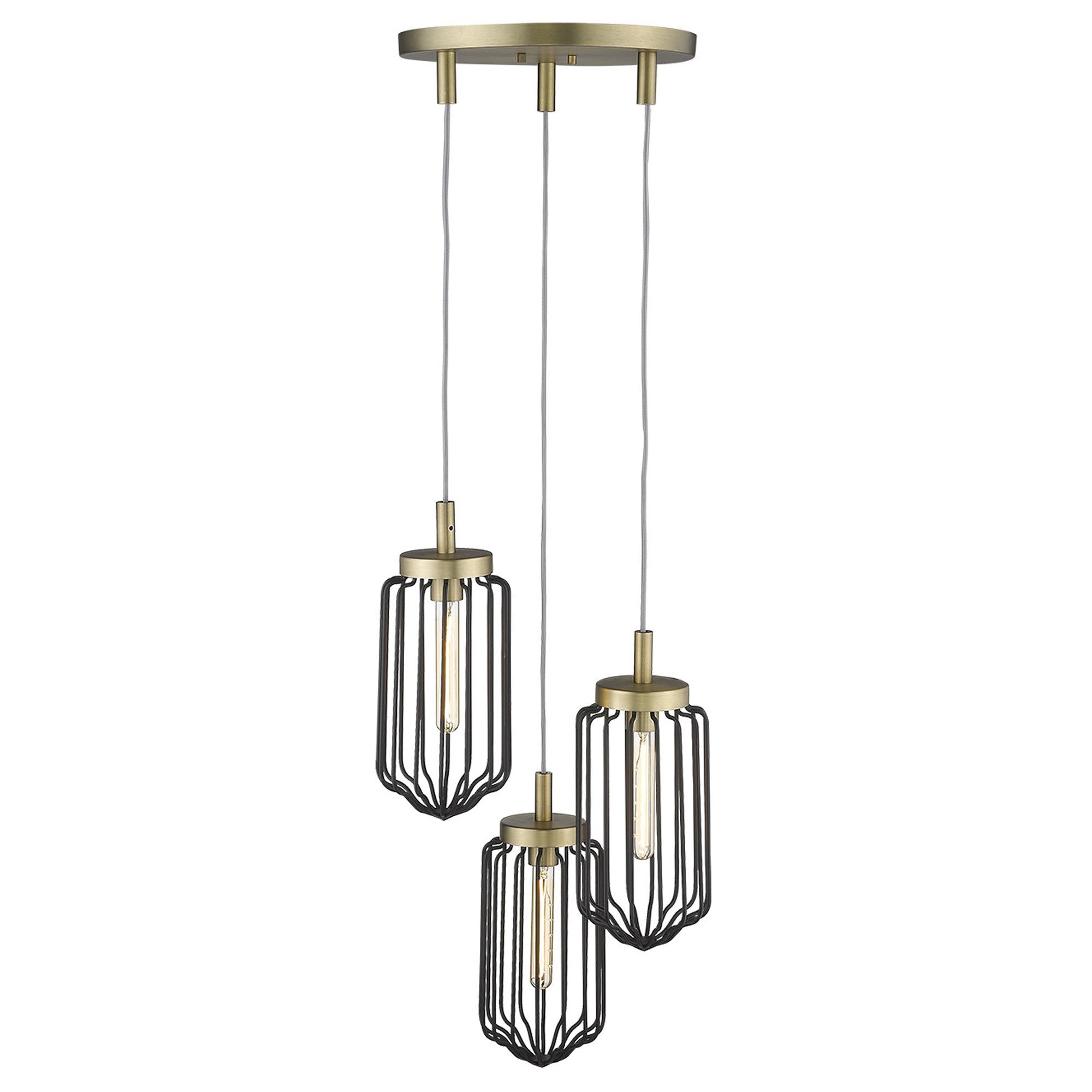 Gold Caged Three Light Metal Dimmable Chandelier With Black Shades-Chandeliers-DECOROLALA