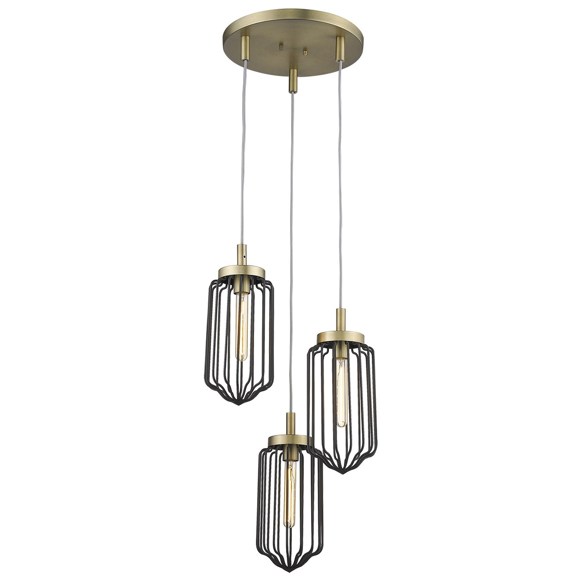 Gold Caged Three Light Metal Dimmable Chandelier With Black Shades-Chandeliers-DECOROLALA