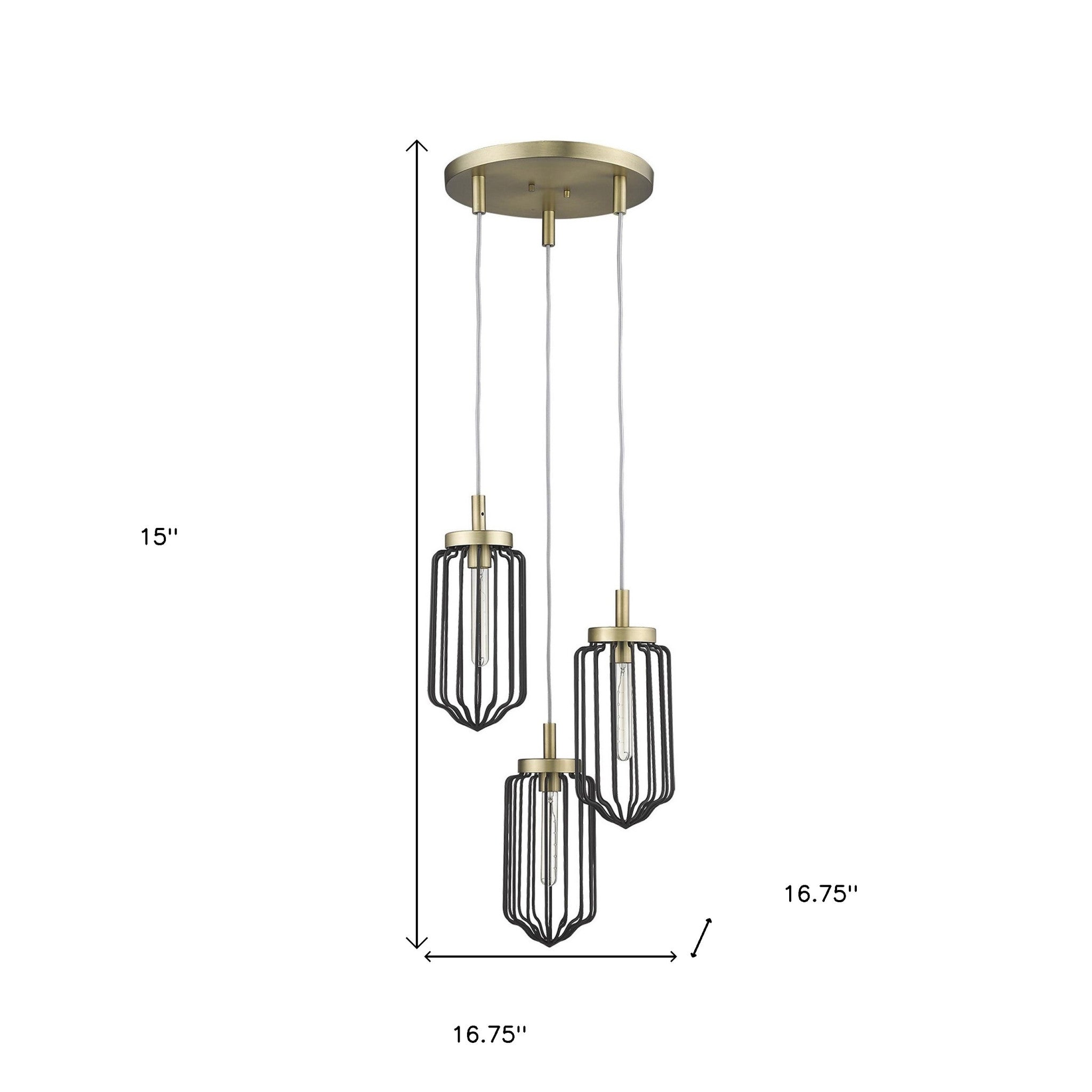 Gold Caged Three Light Metal Dimmable Chandelier With Black Shades-Chandeliers-DECOROLALA