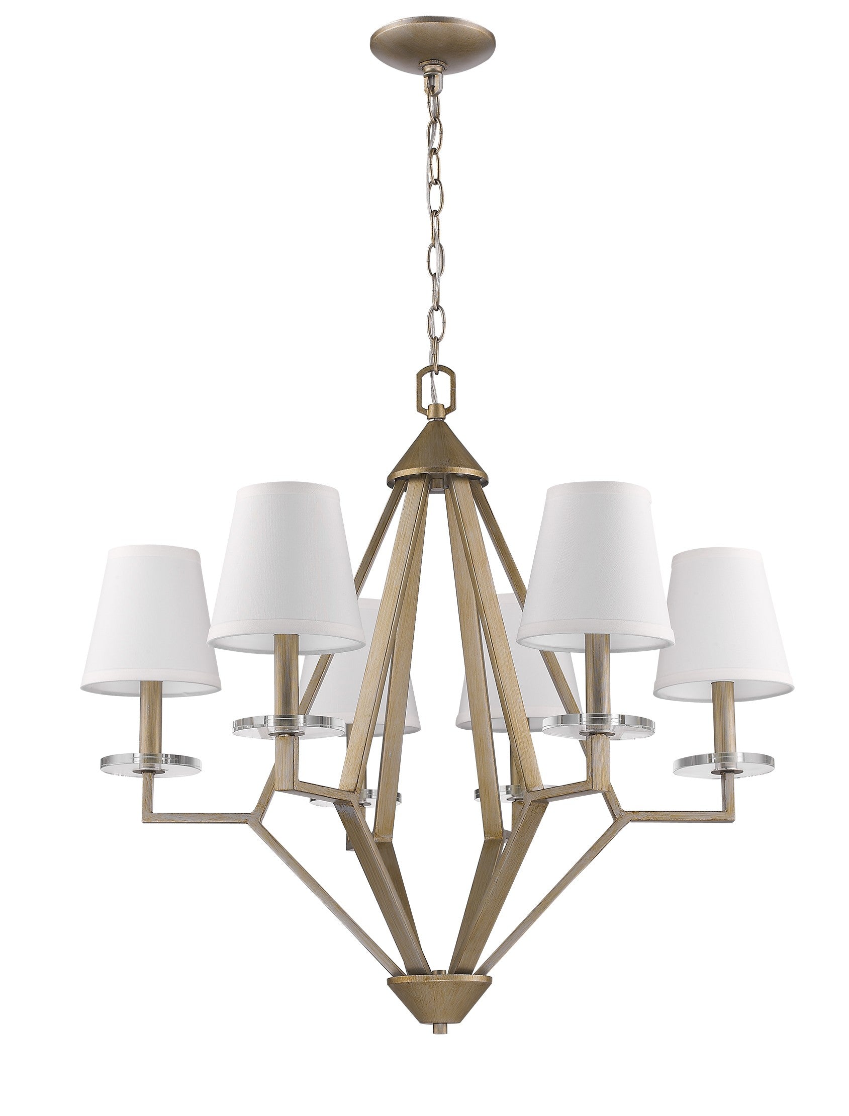 Gold Candle Style Six Light Metal and Crystals Dimmable Chandelier With White Shades-Chandeliers-DECOROLALA