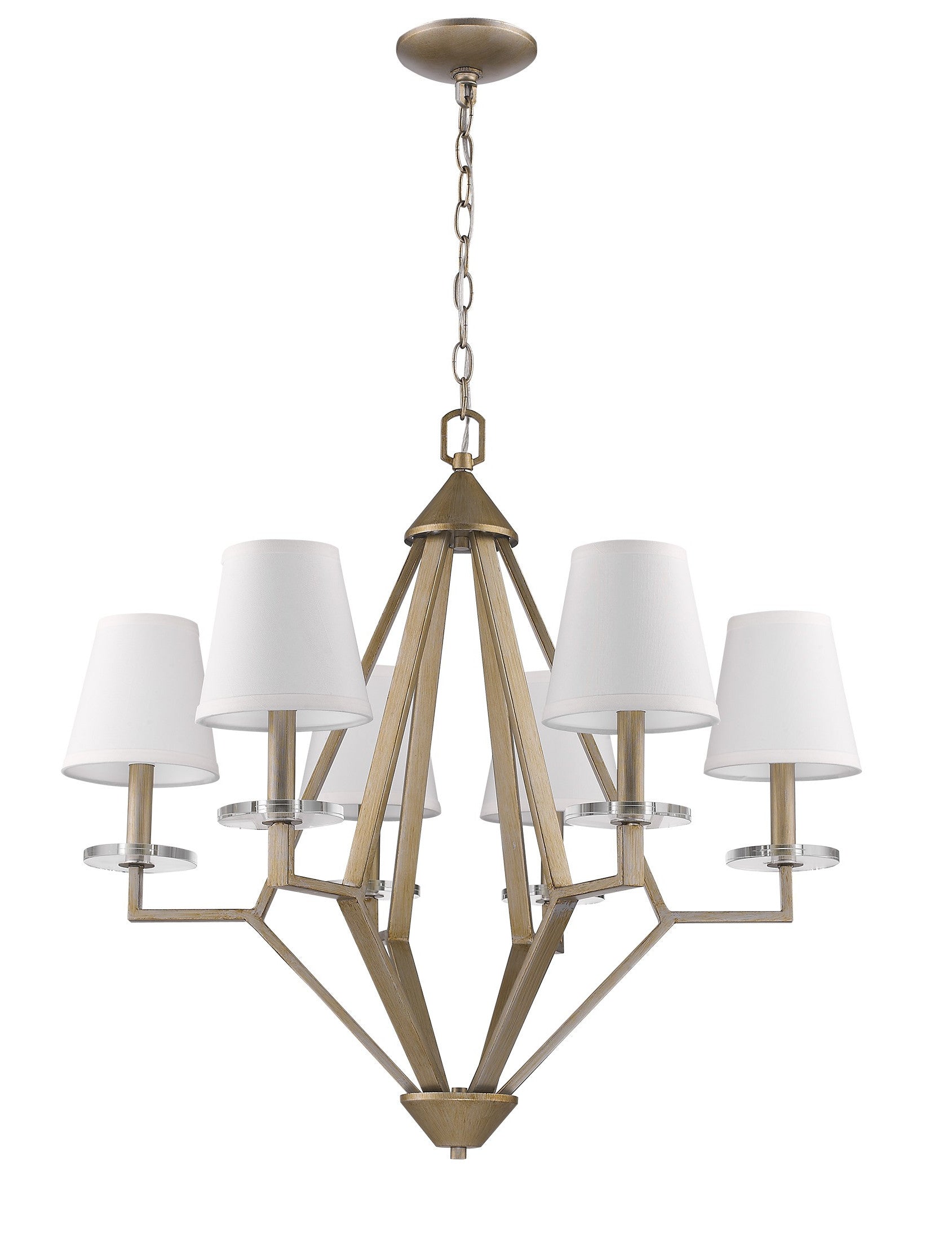Gold Candle Style Six Light Metal and Crystals Dimmable Chandelier With White Shades-Chandeliers-DECOROLALA