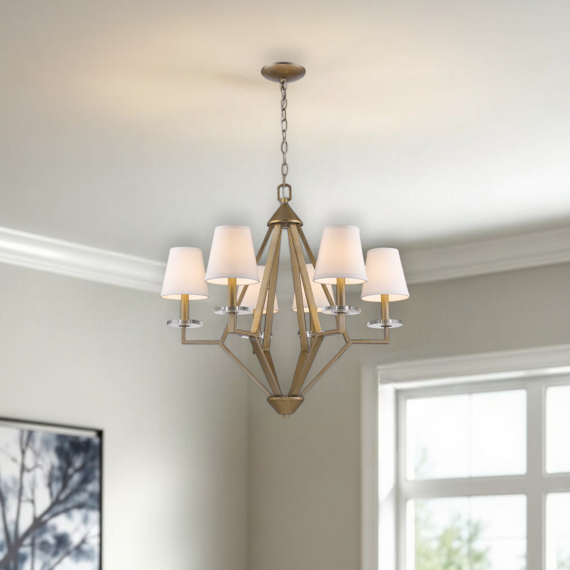 Gold Candle Style Six Light Metal and Crystals Dimmable Chandelier With White Shades-Chandeliers-DECOROLALA