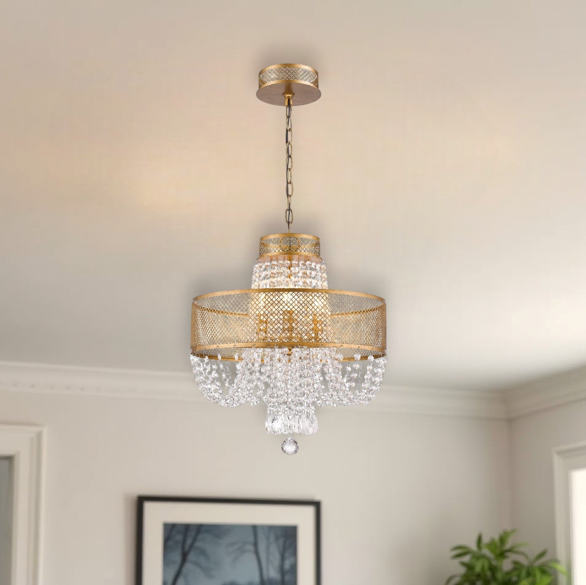 Gold Four Light Metal and Crystals Dimmable Chandelier With Shades-Chandeliers-DECOROLALA