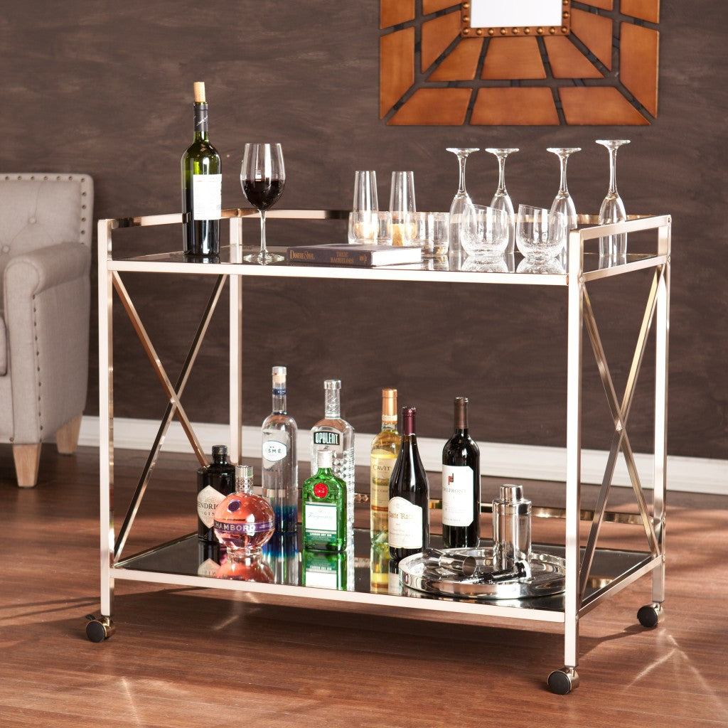 Gold Metal And Glass Rolling Bar Cart-Bar Carts and Servers-DECOROLALA