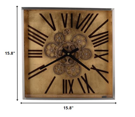 Golden Gears Roman Numeral Square Wall Clock-Wall Clocks-DECOROLALA