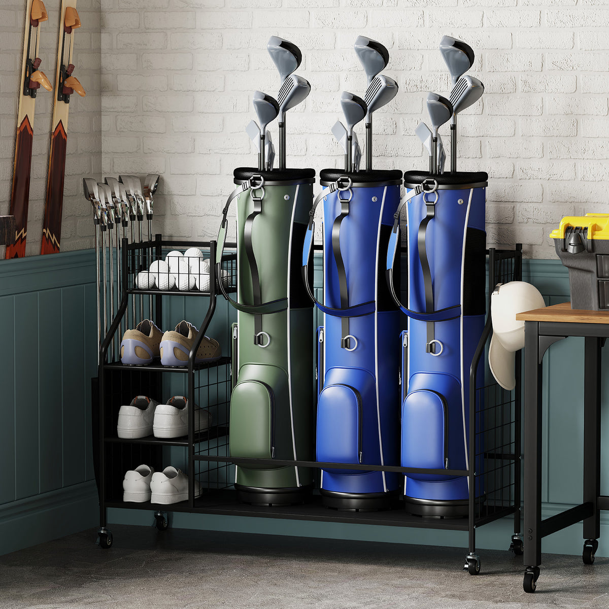 Golf Bag Organizer 3 Golf Bag Stand with Lockable Wheels and Hooks-Black-Golf-DECOROLALA