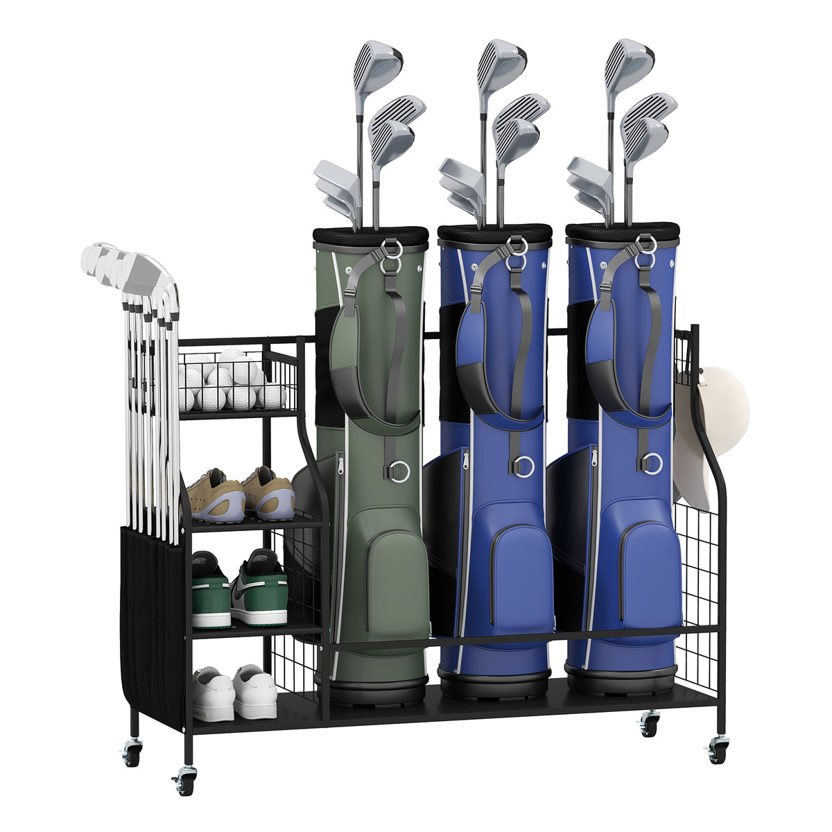Golf Bag Organizer 3 Golf Bag Stand with Lockable Wheels and Hooks-Black-Golf-DECOROLALA