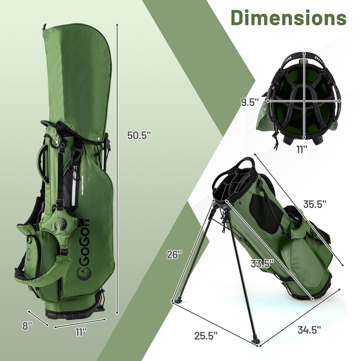 Golf Stand Bag Lightweight Golf Bag with 8 Way Top Dividers and 5 Zippered Pockets-Green-Golf-DECOROLALA
