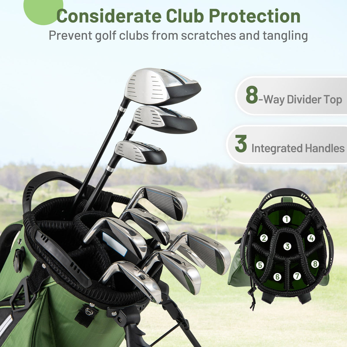 Golf Stand Bag Lightweight Golf Bag with 8 Way Top Dividers and 5 Zippered Pockets-Green-Golf-DECOROLALA