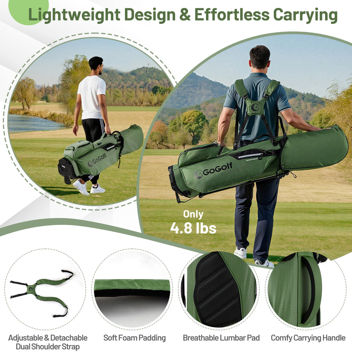 Golf Stand Bag Lightweight Golf Bag with 8 Way Top Dividers and 5 Zippered Pockets-Green-Golf-DECOROLALA