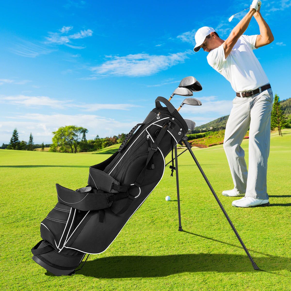 Golf Stand Cart Bag with 4 Way Divider Carry Organizer Pockets-Black-Golf-DECOROLALA