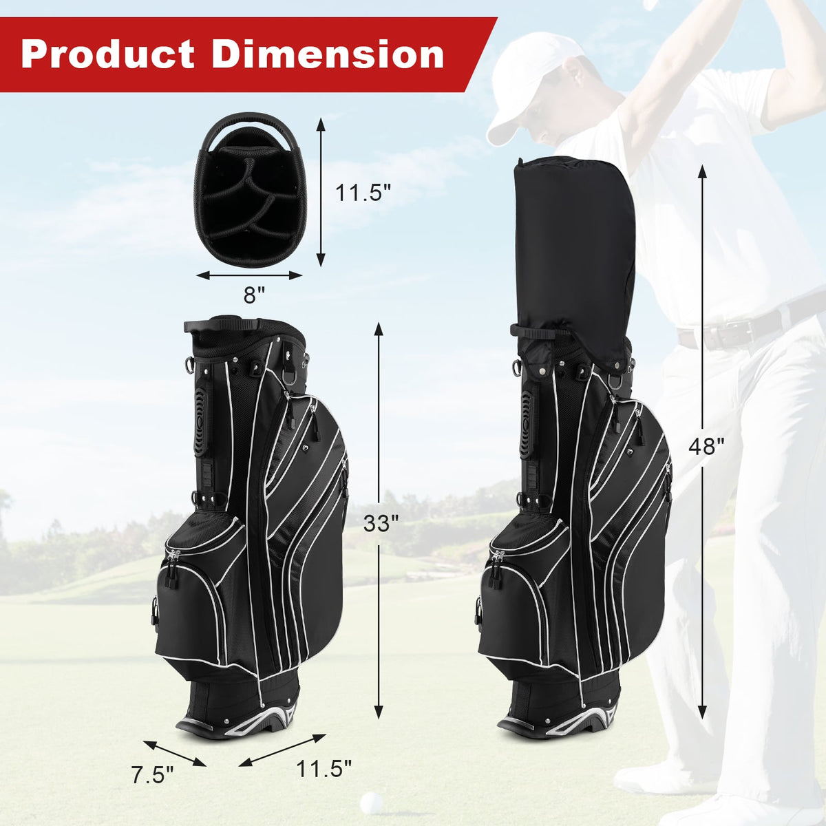 Golf Stand Cart Bag with 6-Way Divider Carry Pockets-Black-Golf-DECOROLALA