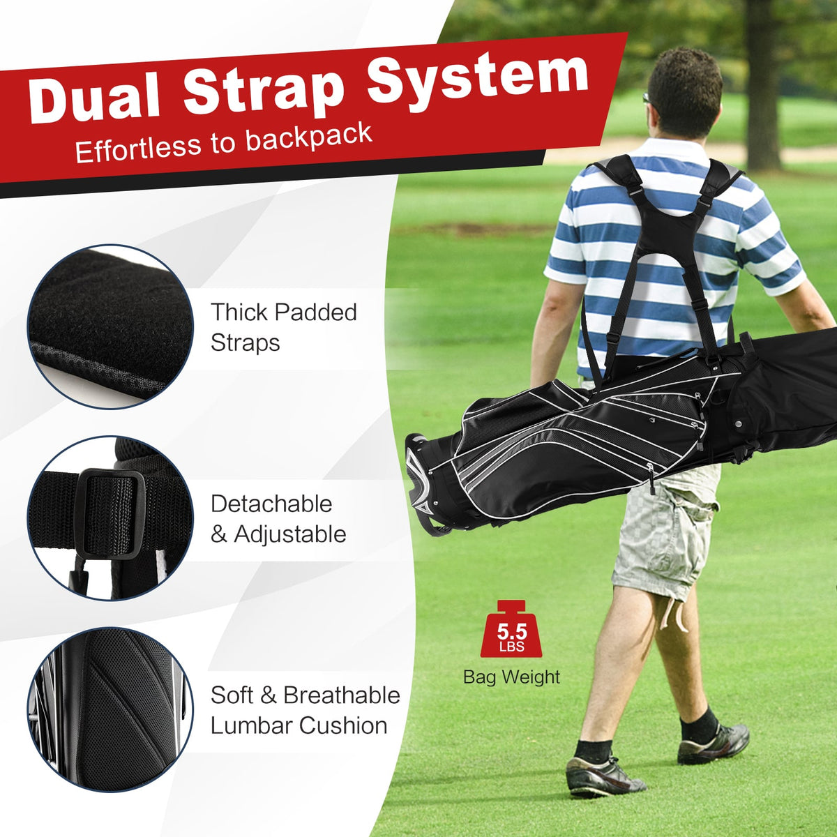 Golf Stand Cart Bag with 6-Way Divider Carry Pockets-Black-Golf-DECOROLALA