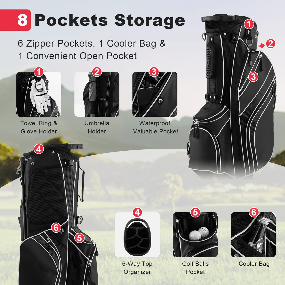 Golf Stand Cart Bag with 6-Way Divider Carry Pockets-Black-Golf-DECOROLALA