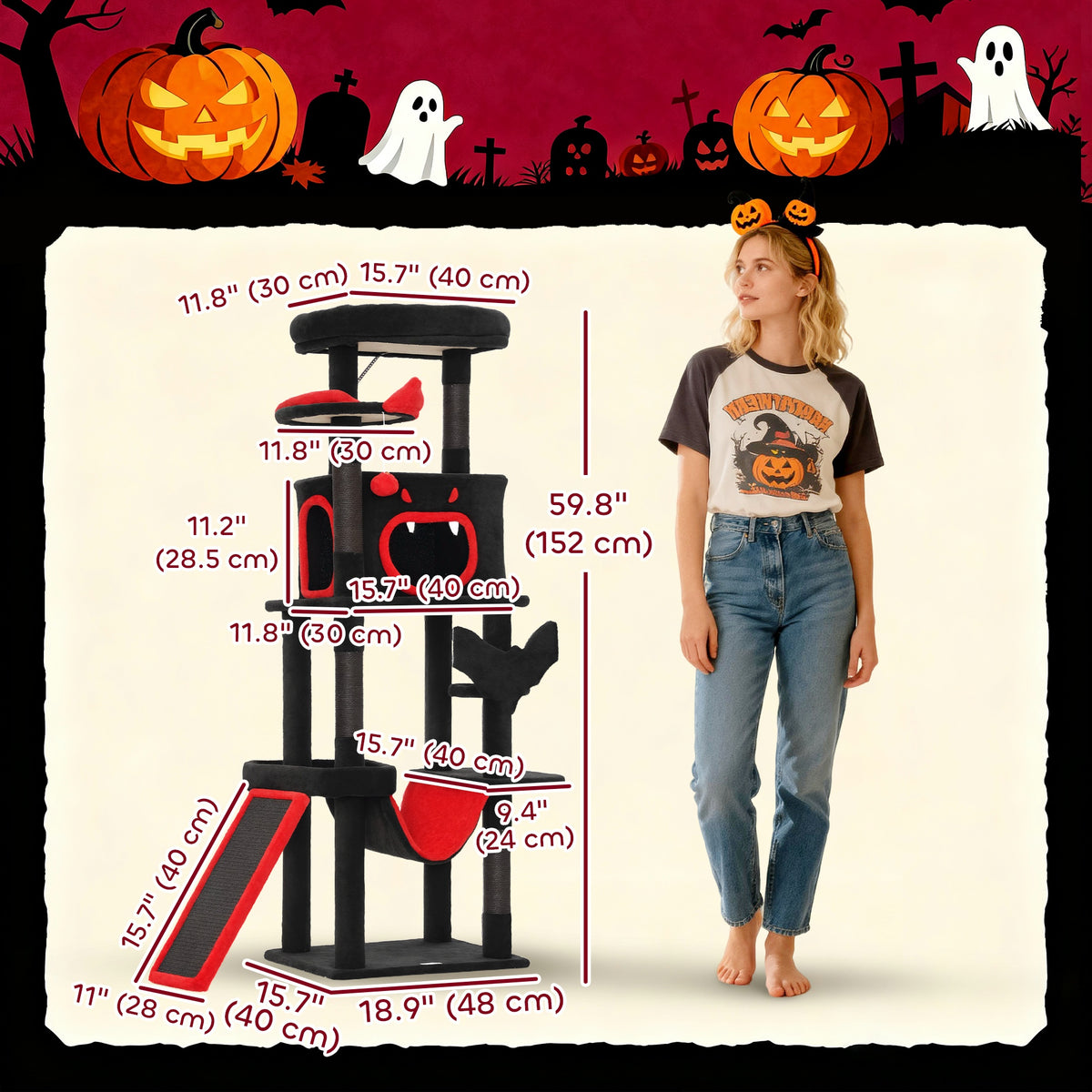 Gothic Cat Tree - 60" Tall Black & Red Tower with Coffin Bed-Cats-DECOROLALA