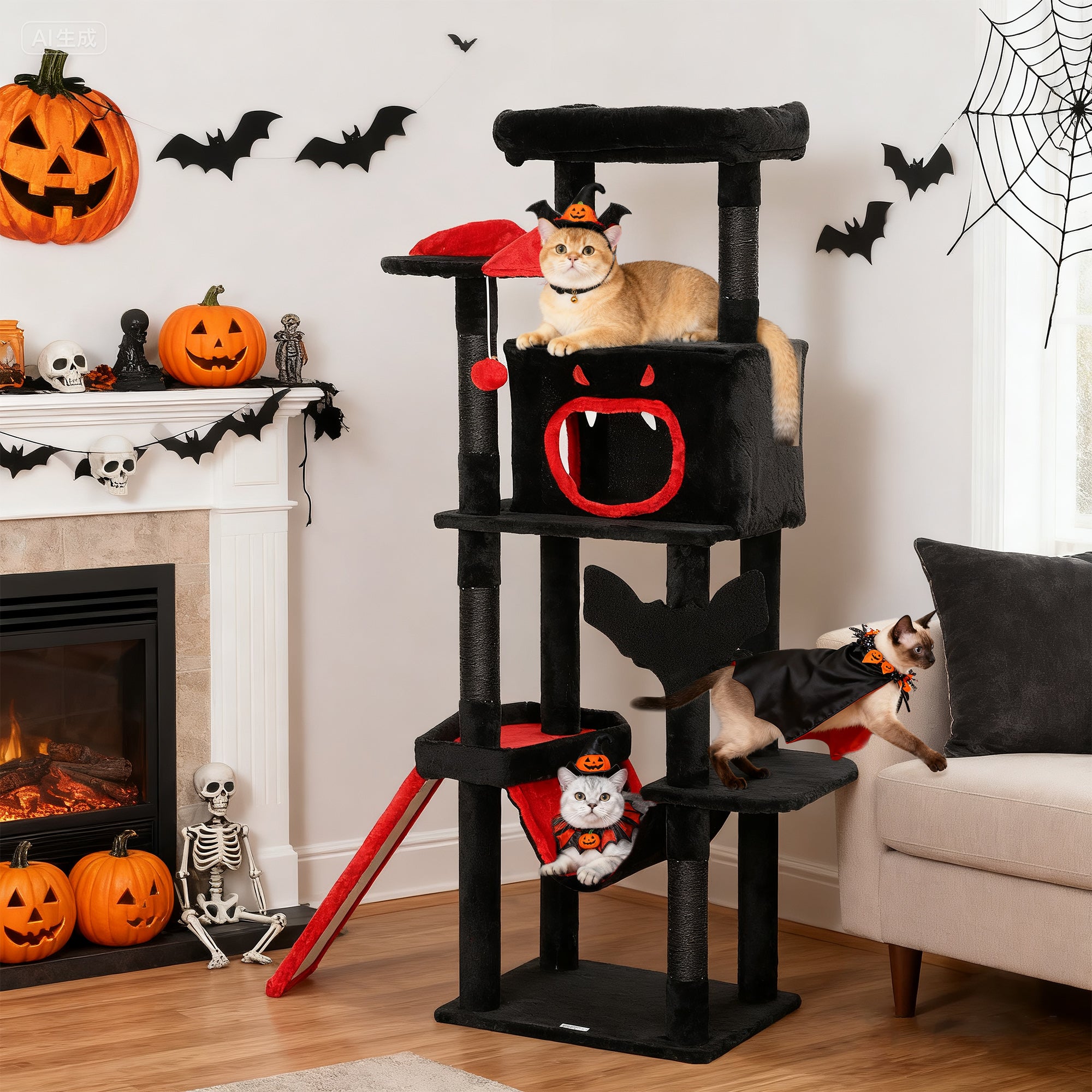 Gothic Cat Tree - 60" Tall Black & Red Tower with Coffin Bed-Cats-DECOROLALA