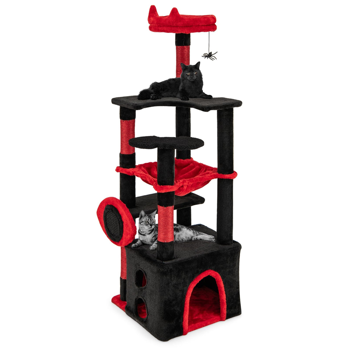 Gothic Cat Tree with Plush Perch and Spider Dangling Toy-Black & Red-Cat Trees & Scratchers-DECOROLALA