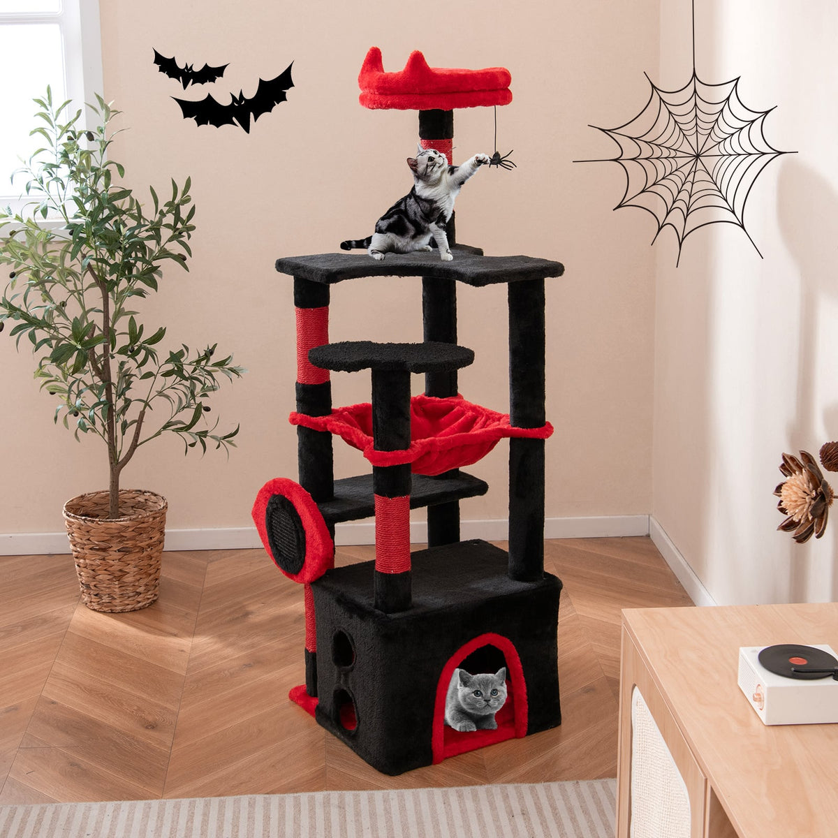Gothic Cat Tree with Plush Perch and Spider Dangling Toy-Black & Red-Cat Trees & Scratchers-DECOROLALA