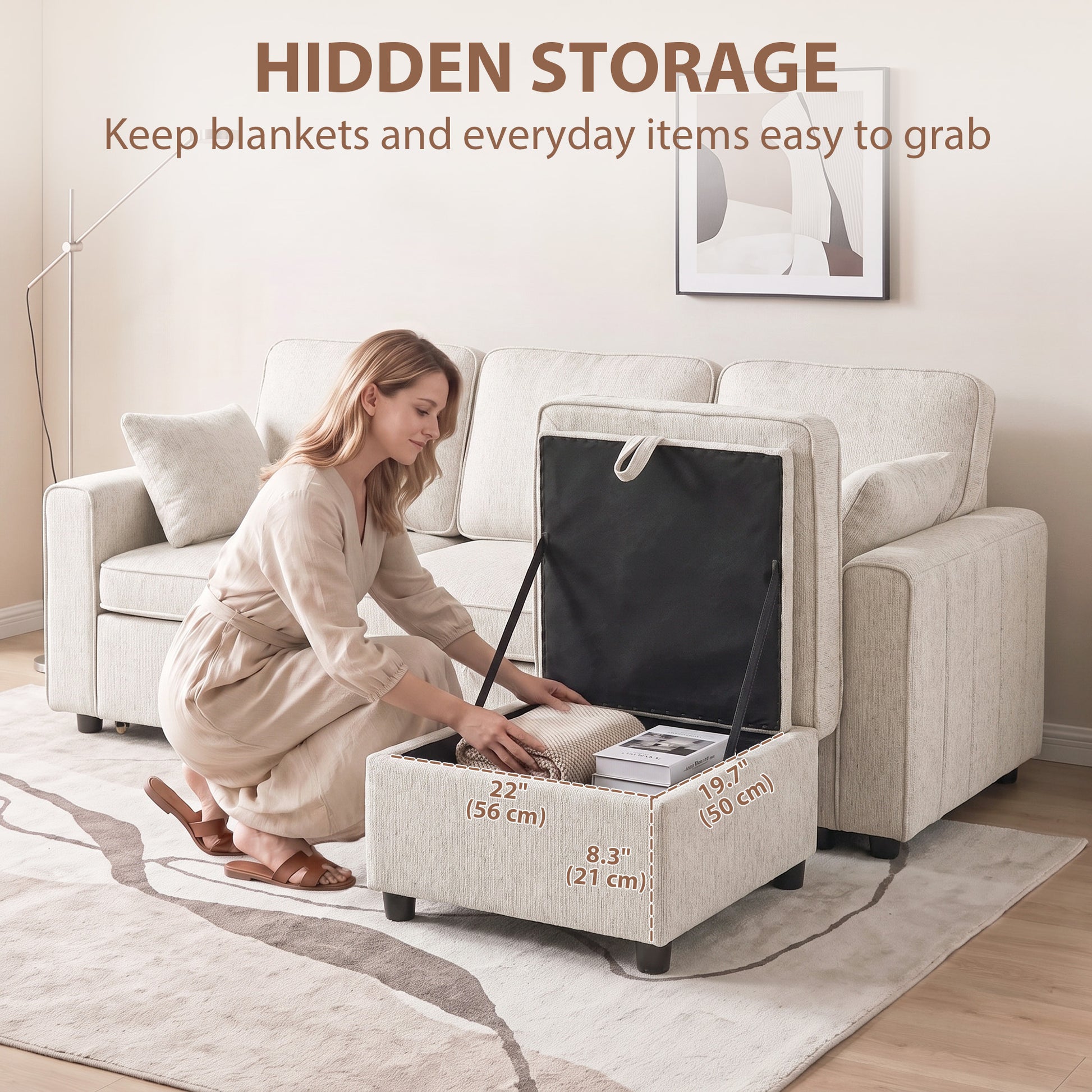 Modular Sectional Sofa Bed with Reversible Storage Ottoman, Pull Out Sleeper Sofa with Spring Cushion, Beige-Home Furnishings > Living Room Furniture > Sofas & Reclining Chairs-DECOROLALA