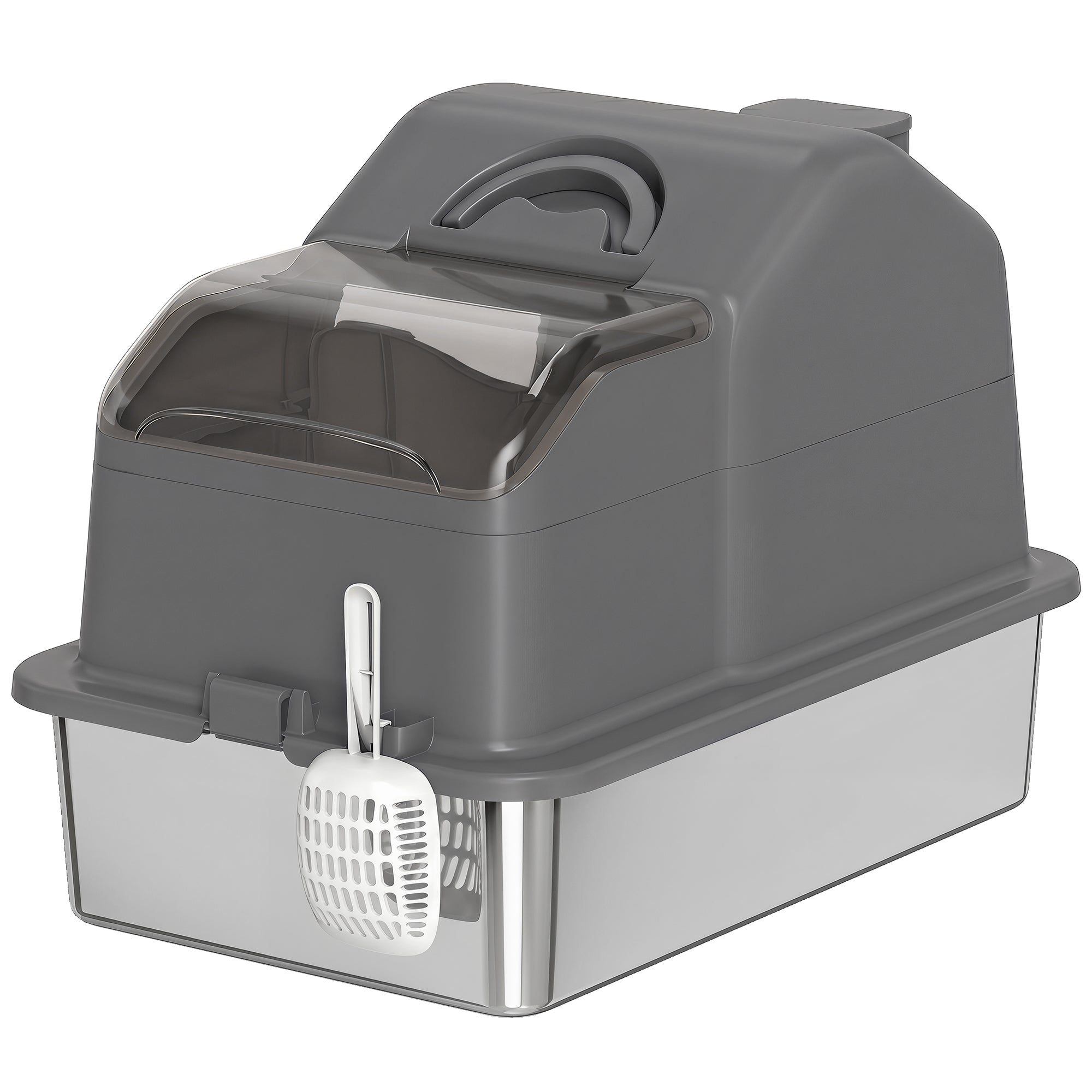 Très grande litière pour chat en acier inoxydable avec côtés hauts, couvercle amovible, pelle, sans odeur, antiadhésive, gris foncé