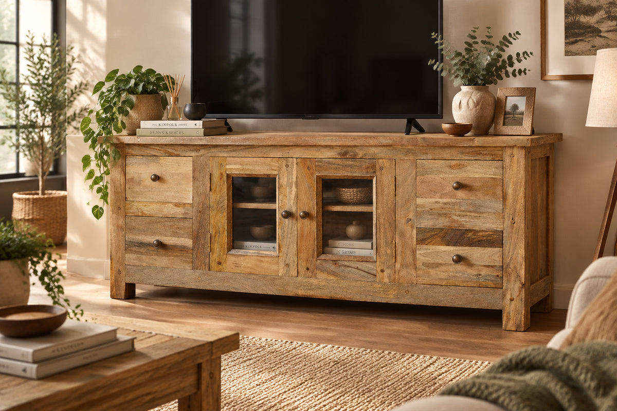 Granary Glazed 4-Drawer TV Unit - Solid Mango Wood Oak-ish Finish-Media Consoles-DECOROLALA