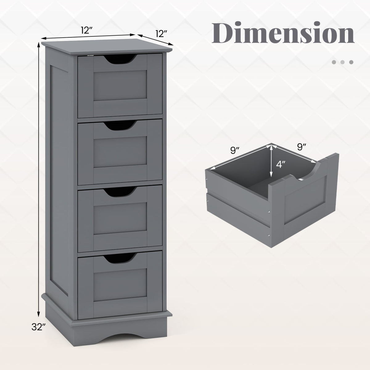Gray 4-Drawer Bathroom Floor Storage Cabinet - 12" x 12" x 32"-Floor Cabinets-DECOROLALA