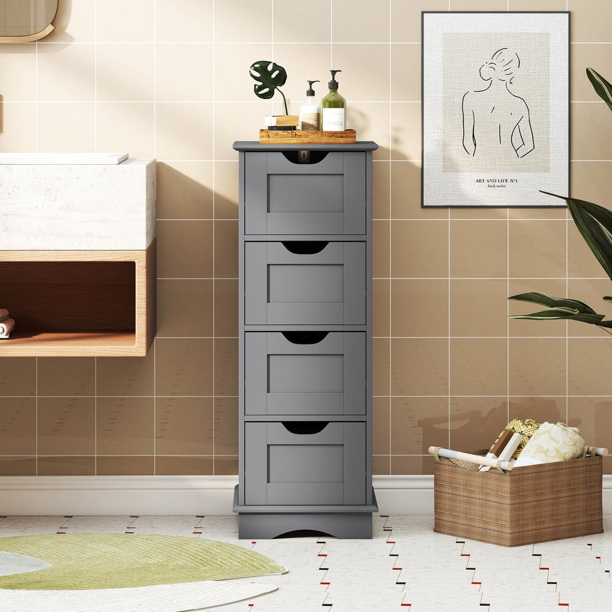 Gray 4-Drawer Bathroom Floor Storage Cabinet - 12" x 12" x 32"-Floor Cabinets-DECOROLALA