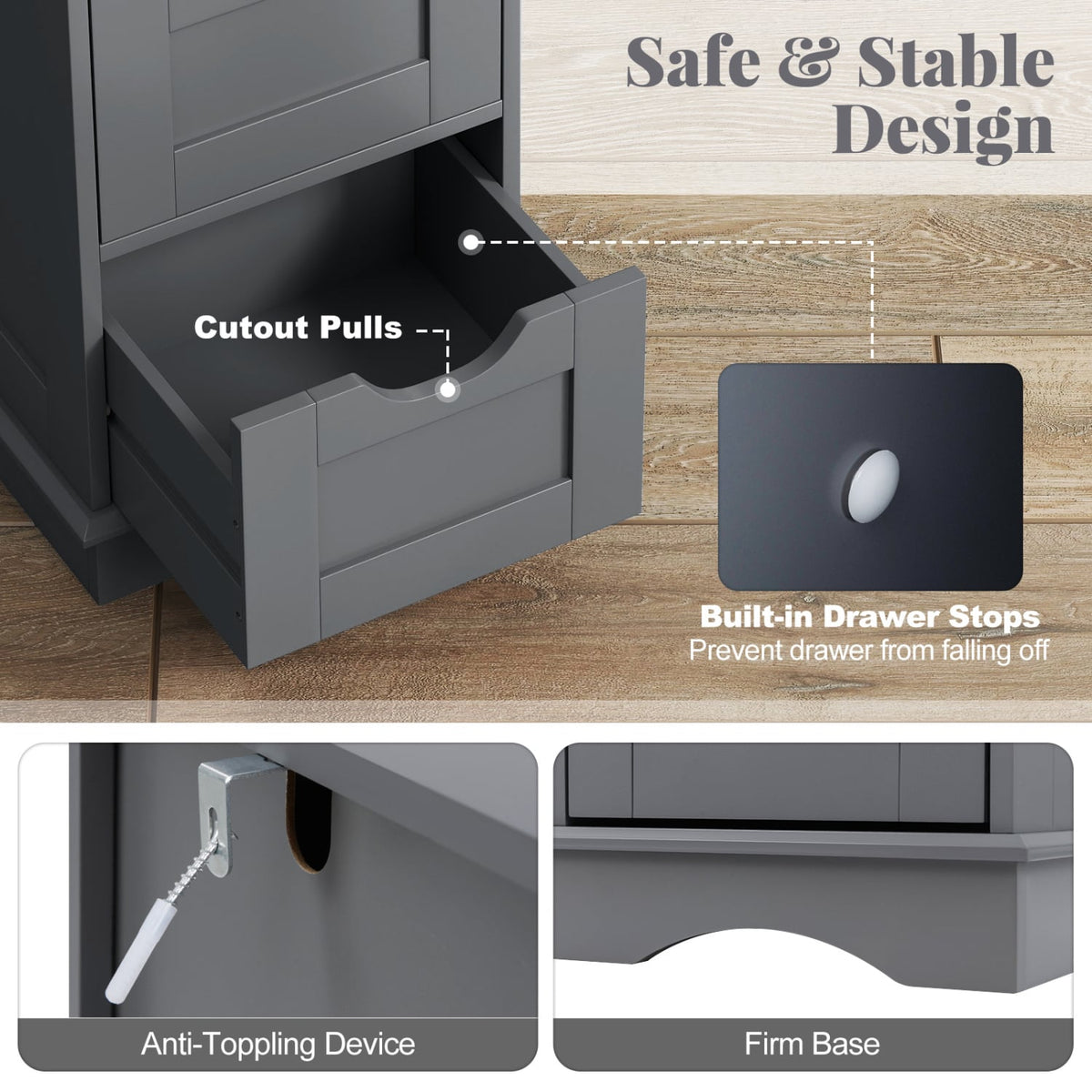 Gray 4-Drawer Bathroom Floor Storage Cabinet - 12" x 12" x 32"-Floor Cabinets-DECOROLALA