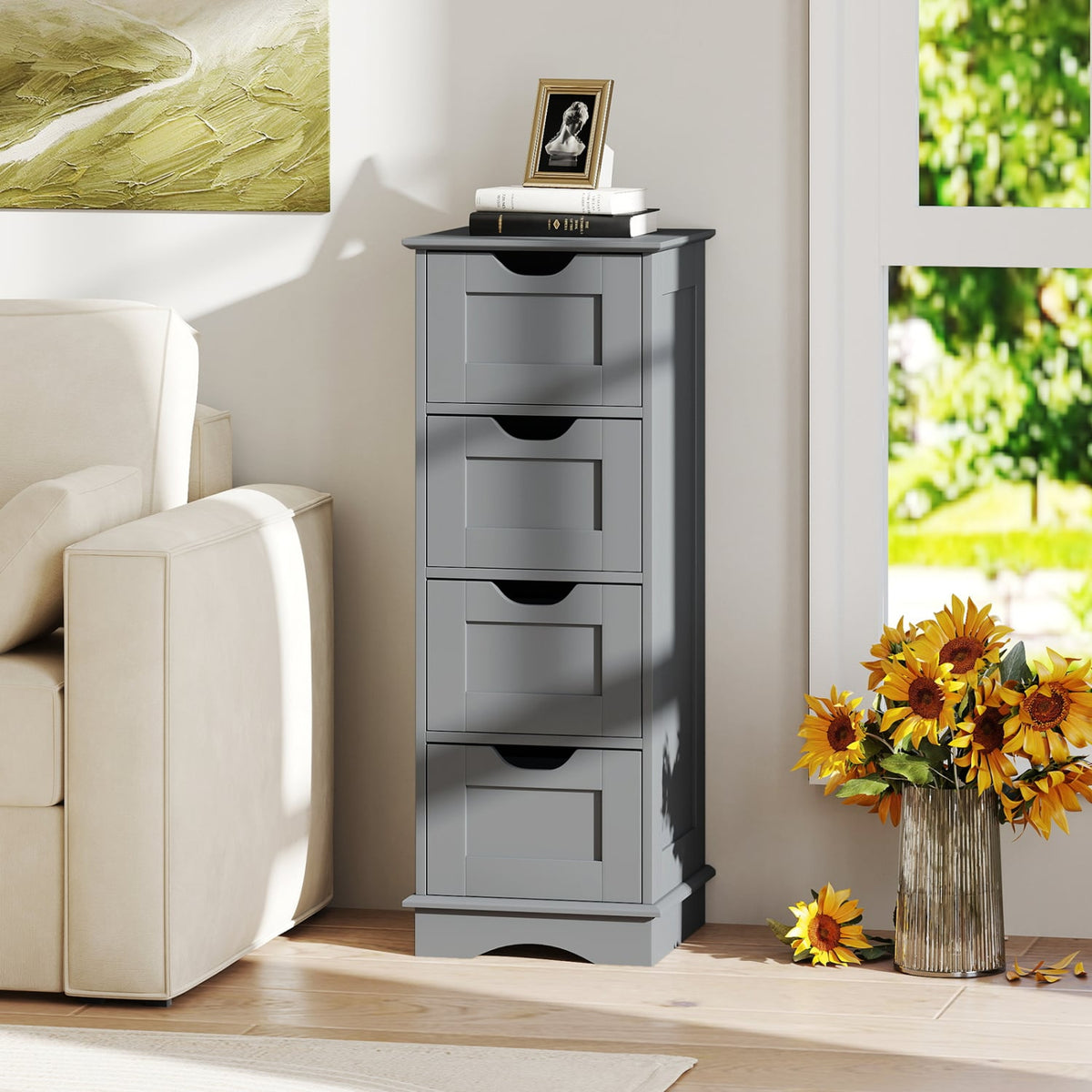 Gray 4-Drawer Bathroom Floor Storage Cabinet - 12" x 12" x 32"-Floor Cabinets-DECOROLALA