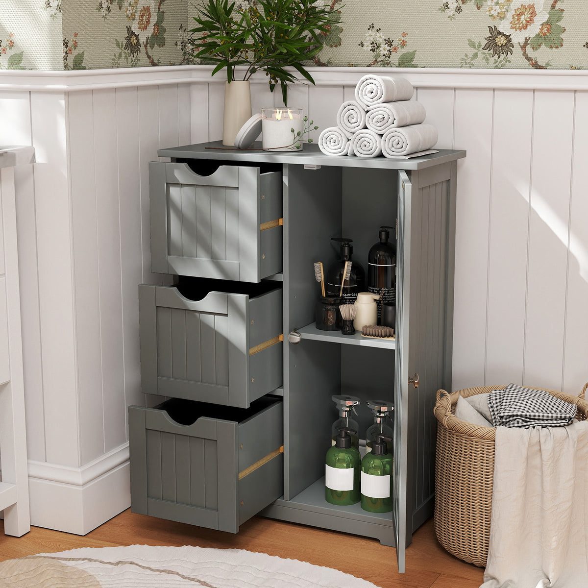 Gray Bathroom Floor Cabinet - 3 Drawers & 1 Cupboard 24"x32"-Floor Cabinets-DECOROLALA
