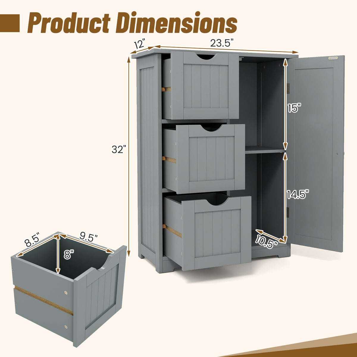 Gray Bathroom Floor Cabinet - 3 Drawers & 1 Cupboard 24"x32"-Floor Cabinets-DECOROLALA