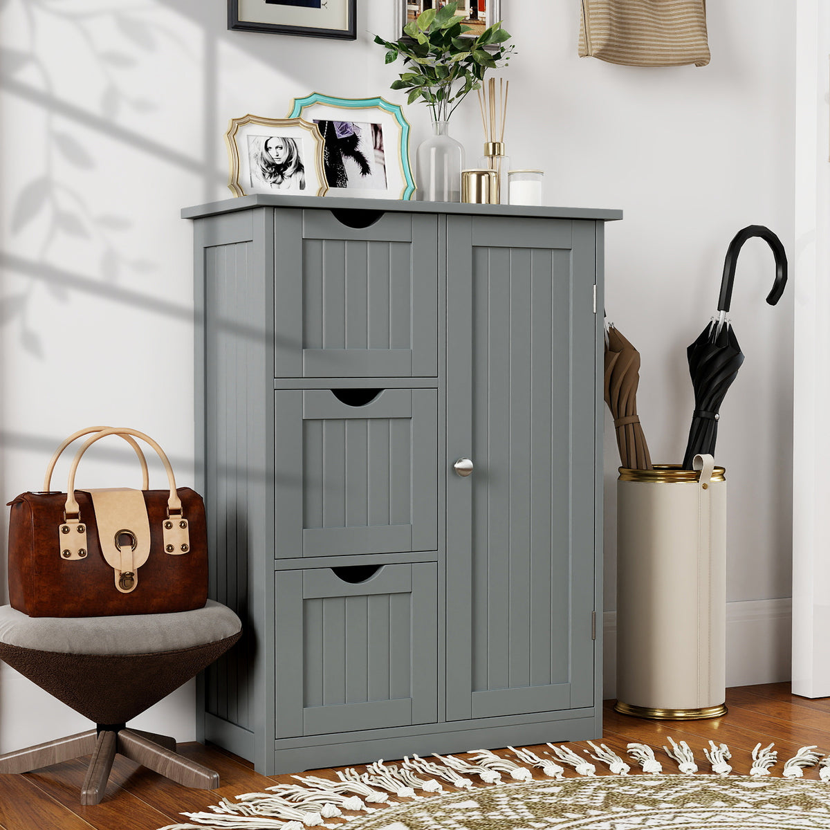 Gray Bathroom Floor Cabinet - 3 Drawers & 1 Cupboard 24"x32"-Floor Cabinets-DECOROLALA
