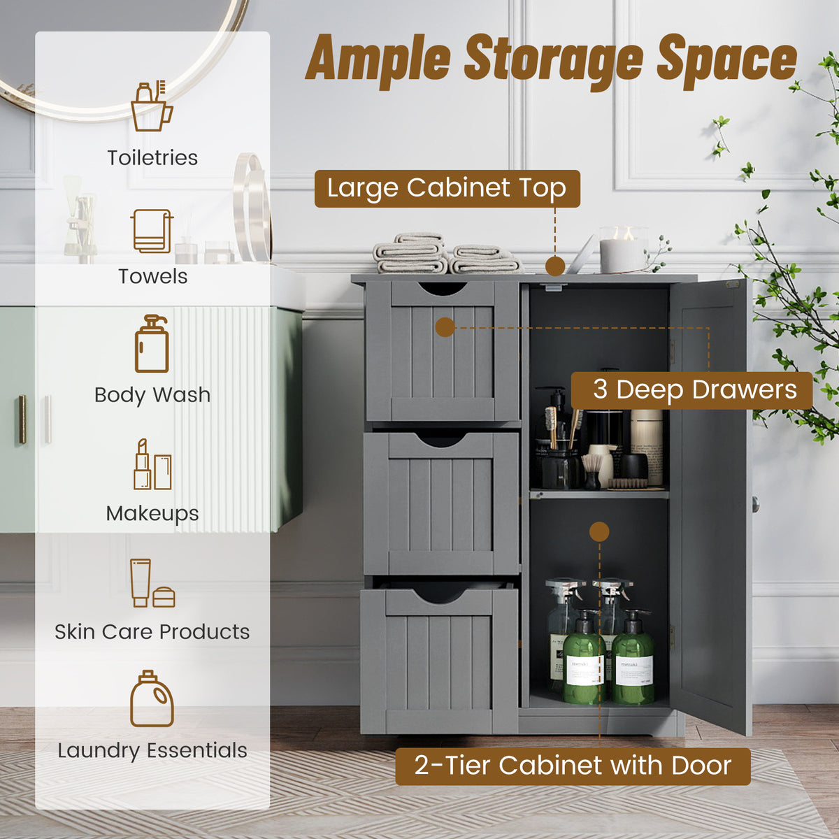 Gray Bathroom Floor Cabinet - 3 Drawers & 1 Cupboard 24"x32"-Floor Cabinets-DECOROLALA