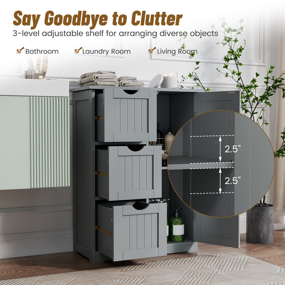 Gray Bathroom Floor Cabinet - 3 Drawers & 1 Cupboard 24"x32"-Floor Cabinets-DECOROLALA