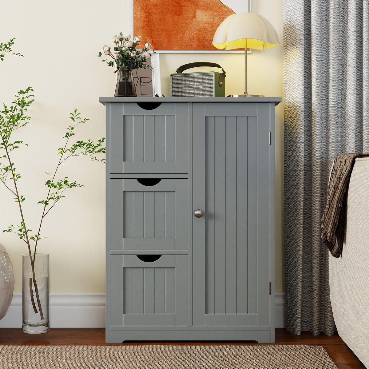 Gray Bathroom Floor Cabinet - 3 Drawers & 1 Cupboard 24"x32"-Floor Cabinets-DECOROLALA