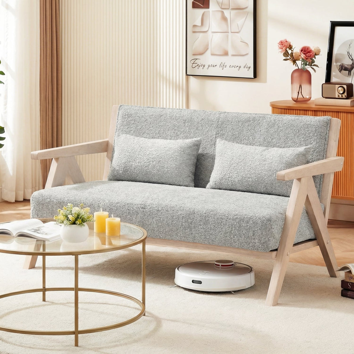 Gray Chenille Loveseat Sofa - Rubber Wood Frame with Pillows-Sofas & Loveseats-DECOROLALA