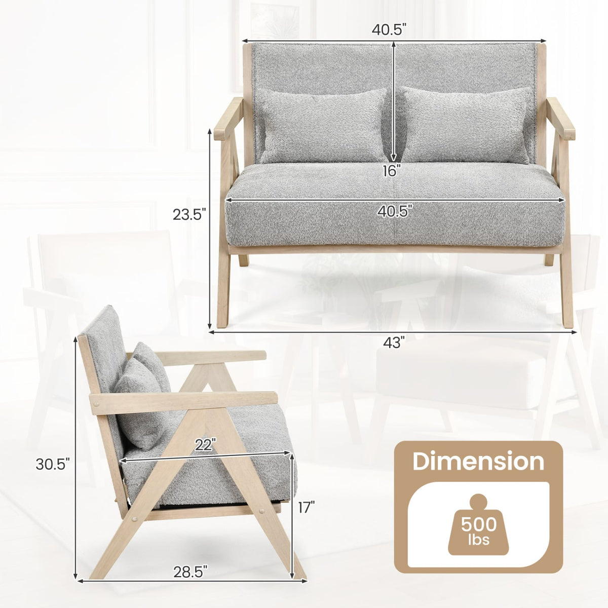 Gray Chenille Loveseat Sofa - Rubber Wood Frame with Pillows-Sofas & Loveseats-DECOROLALA