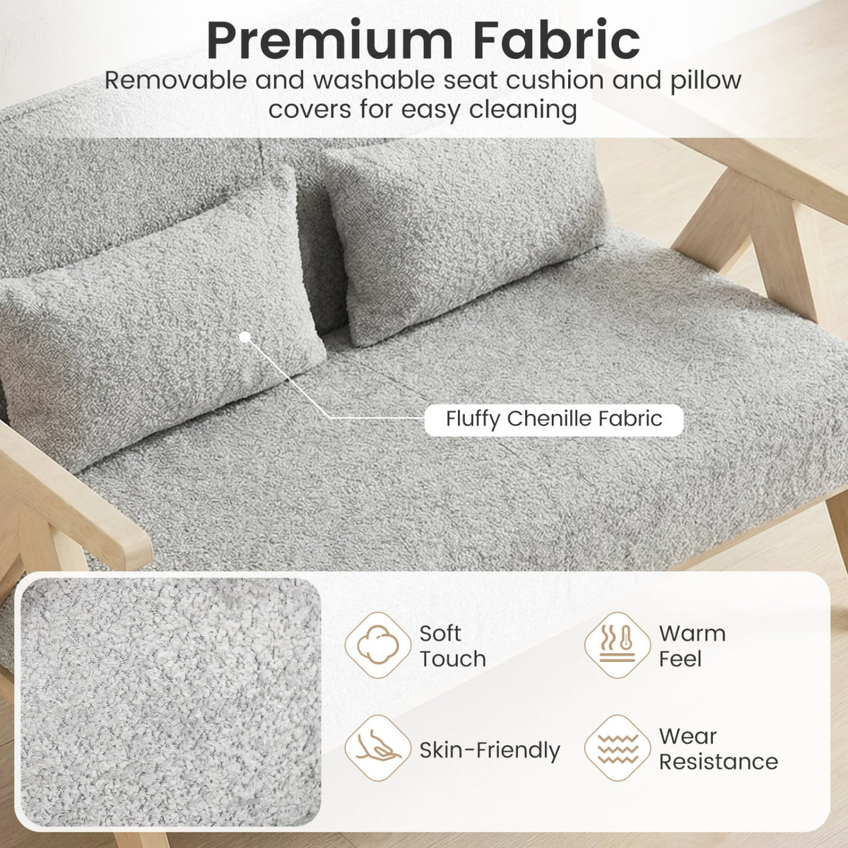 Gray Chenille Loveseat Sofa - Rubber Wood Frame with Pillows-Sofas & Loveseats-DECOROLALA