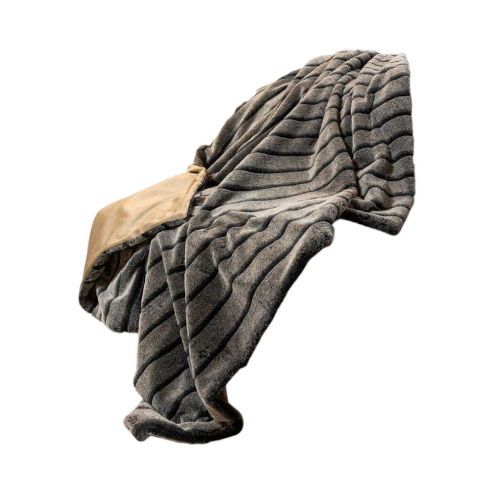 Gray Faux Fur Striped Plush Throw-Throws & Blankets-DECOROLALA